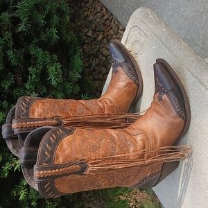 Lucchese Bootmaker Wingtip Natural Tucson Calf fringe cowgirl boots M5023 sz 9